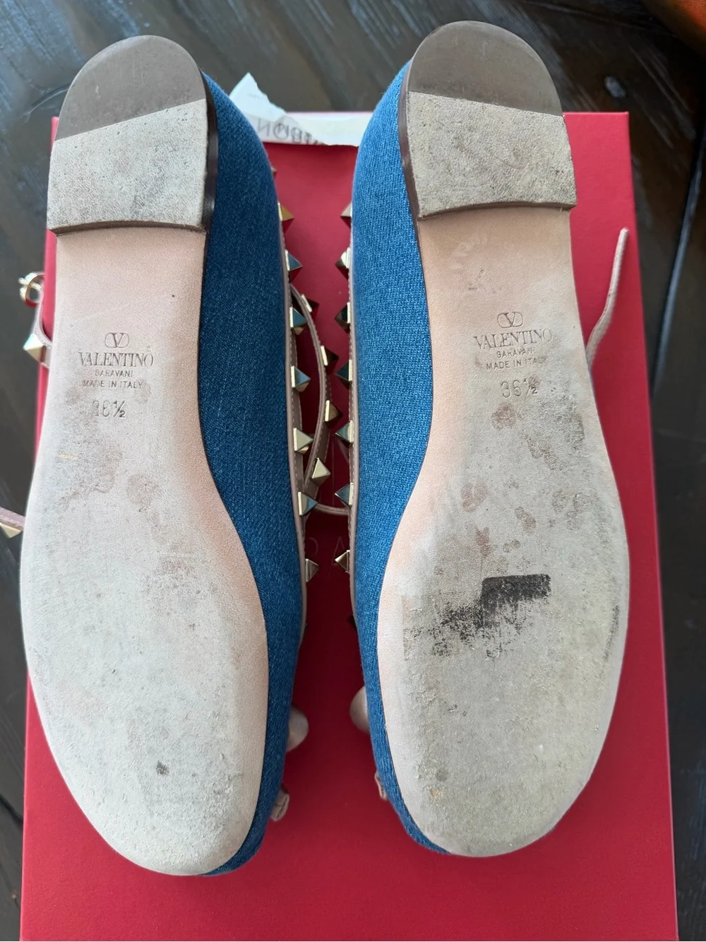 Valentino Denim Ballerina flats with Nude Bow & Gold Studs